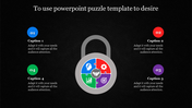 Circular lock design with colorful puzzle pieces inside, surrounded by four numbered captions on a black background.