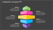 Stacked 3D trapezoid shapes in green, pink, yellow, blue, and purple on a dark background with captions aligned on sides.