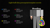 Business figure holding a bag of colorful light bulbs on a dark textured background, with six captions in colored icons.