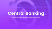 Banking PowerPoint Templates with digital bank interface graphic, purple gradient shapes and clean white layout.