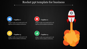 Rocket launching with flames and smoke on the right, paired with four circular captions in blue, red, yellow, and green.