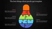 Light bulb divided into colored puzzle pieces in orange, red, green, blue, and purple, with captions on a black background.