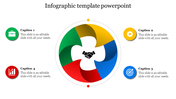 Colorful circular diagram with red, green, yellow, and blue segments, centered around a handshake, with four caption areas.