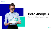 Data analysis presentation template with analyst holding tablet, charts, graphs, dashboards, and insight visuals.