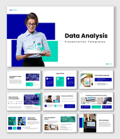 Data analysis presentation template with analyst holding tablet, charts, graphs, dashboards, and insight visuals.