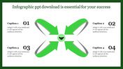 Infographic PowerPoint template with four caption options around a central handshake icon and green arrows.