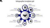Circular infographic with a central handshake symbol surrounded by eight blue circles containing icons and captions.