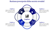 Business PowerPoint slide with a lifebuoy design and blue icons with captions.