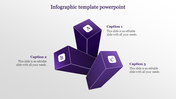 Purple infographic PowerPoint slide with three 3D blocks labeled A, B, and C, each with captions.
