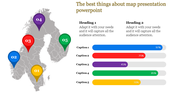 Slide featuring a gray map with colorful numbered location pins, percentage progress bars, and text headings.