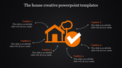 House shaped icon with an orange checkmark and six captions connected by dotted arrows on a dark background.