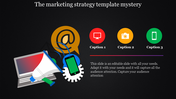 Slide with digital marketing symbols like email, mobile, and camera, paired with three captions on a dark background.
