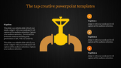 Creative PowerPoint template featuring a yellow tap and pipe illustration, with captions on a dark backdrop.