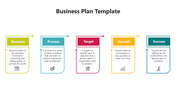 Business plan template with five stages from business to success, each represented by icons and brief definitions.