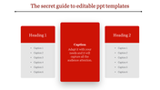 PowerPoint slide with two red sections for headings and a central caption box.