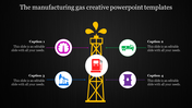 A creative slide showing a gas plant with icons for production, transportation, and storage with captions on a dark backdrop.