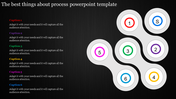PowerPoint template featuring a six step process flow, with each step marked by a colored circle on a dark backdrop.