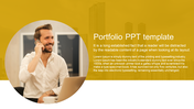 Portfolio slide with a smiling man on a call in a white shirt, on a yellow background, and text on the right.