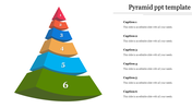 Six-level pyramid in red, orange, blue, yellow, green, and blue, with caption areas on the right.