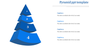 Four level blue pyramid PowerPoint template with sections labeled 1, 2, 3, and 4, each paired with captions.