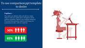 Illustration of a woman drawing at a desk paired with a blue background, featuring red and green comparison metrics.