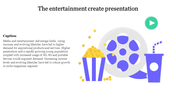 Slide with text about the media and entertainment industry in India, with images of popcorn, a film reel, and a drink.