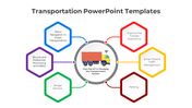 IoT transportation system infographic with truck graphic surrounded by six colored hexagons for key categories.