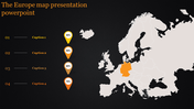PowerPoint template showing Europe map with highlighted regions and percentage progress indicators on a dark background.