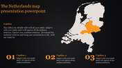 Netherlands map PowerPoint template with highlighted area in orange on a dark backdrop.