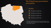 Poland map presentation slide highlighting the northeastern region with checkboxes for content on a dark background.