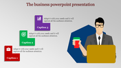 Slide with red, green, and purple text boxes aligned in steps, alongside a businessman holding a coffee cup behind a laptop.