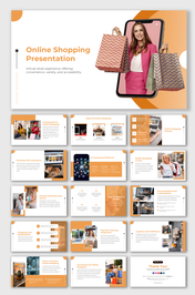 A professional PPT slides showcasing types of online shopping, mobile shopping trends, and future trends in the market.