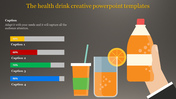 Health drink slide with an orange bottle, glass, and cup paired with four colored bars with percentages, on a gray backdrop.
