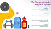Fitness PowerPoint template featuring an illustration of weights, a water bottle, and supplements with captions.