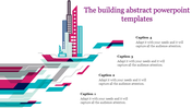 Abstract PowerPoint template with colorful geometric designs and a modern cityscape illustration with captions.