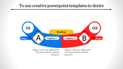 Slide featuring a symmetrical infographic with blue and red curved sections, labeled A and B, and descriptive captions.