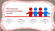 Teamwork themed slide featuring red and blue human figures holding hands, with captions, on a wavy pink and gray border.