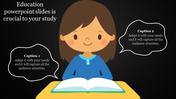 Cartoon girl smiling while reading a book, featured on an education themed PowerPoint slide with captions.