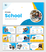 School PowerPoint Templates showing blue theme, circular photos, icons, sections, and structured text holders design.