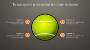 Large yellow tennis ball centered on a gray background, with four captions in orange circular icons around it.