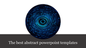 Abstract PowerPoint template featuring a glowing circular geometric design in shades of blue on a minimalist background.