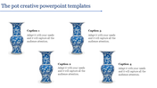Slide featuring four blue decorative vases, each paired with a caption, on a white background with a header.
