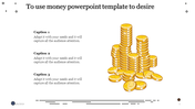 Money-themed PowerPoint template with sparkling gold coin stack with three caption areas.