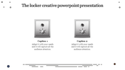 Slide with two security locker icons and placeholder text captions, bordered by abstract line decorations.