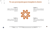 PowerPoint gear template featuring a central gear icon with captions arranged around it for content.