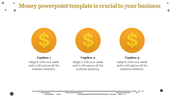 Money themed PowerPoint slide featuring three gold coin icons with dollar symbols and captions.