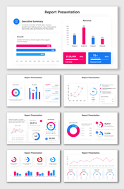Report slides with charts, graphs, stats, and revenue data in blue-pink theme on clean white layouts.