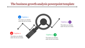 Business growth analysis PowerPoint slide with a magnifying glass icon and connected points labeled with captions.