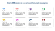 Colorful grid style content PowerPoint template with numbered captions with placeholder text.