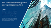 Modern company profile slide with a blue theme and an image of glass skyscrapers reflecting the sky.